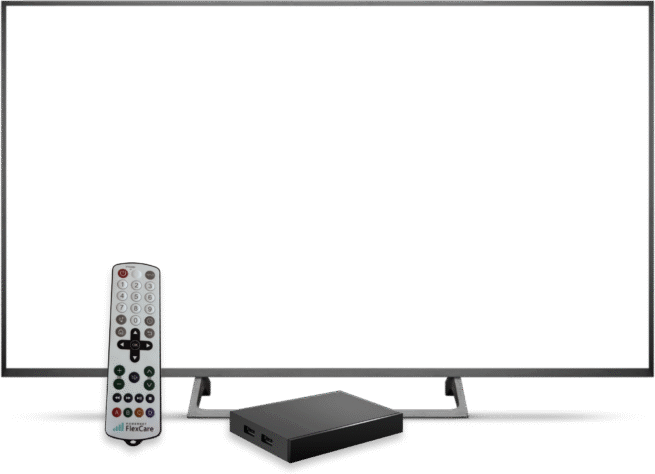 FlexCare TV-boks med fjernbetjening foran en TV-skærm